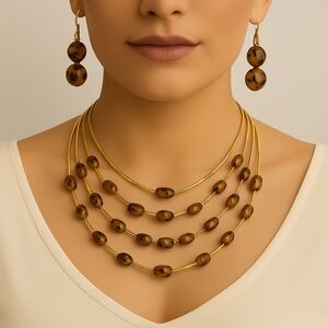 Women’s Gold Necklace & Earrings Set – Colorful Beads Illusion Fashion Jewelry